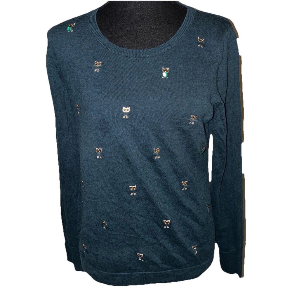 Owl Theme Long Sleeve Lightweight Round Neck Sweater Damaged